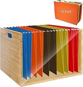 Bamboo & Acrylic File Organizer Box with 10 Pack Hanging File Folders(Letter Size), Clear LP Vinyl Record Storage with Handle, File Box Vinyl Record Holder for Desk Office Home