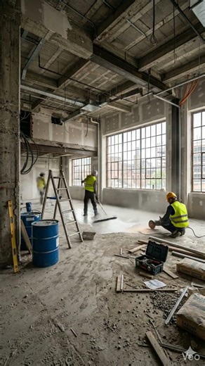 Industrial-Chic Living Room: Construction Progress & stunning Epoxy Floor Transformation #shorts
