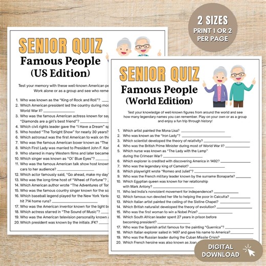 Senior Trivia Quiz Printable Game, Elderly Group Activity for Nursing Home, Memory Challenge Brain Game for Seniors - Etsy