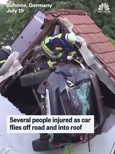 A car seemingly flew off an uneven road and into the roof of a barn in #Germany. Several people were injured, including passengers in the car and a boy on a trampoline. It does not appear alcohol was involved in the #crash, according to a local police spokesperson.