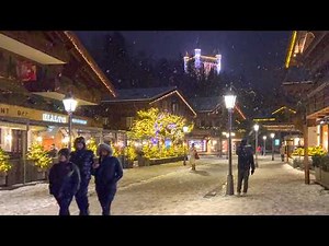 Gstaad Snowfall Christmas Lights Evening Walk ❄️ 🎄 🌨 Swiss 4K Winter Switzerland Snow Walking Tour🇨🇭