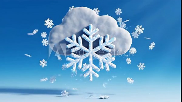Winter Cloud with Snowflake - This video shows a white cloud with a large ice-blue snowflake against a blue background.