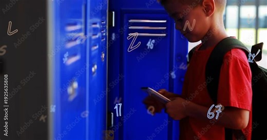 Boy standing by blue lockers, tapping phone and using school app to open locker now