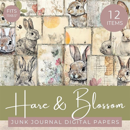 Hare & Blossom Easter Junk Journal Paper Pack, Rabbit and Flower Illustration Digital Papers, Bunny Vintage-inspired Scrapbooking Kit - Etsy