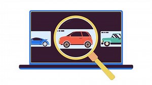 Searching car on internet platform line 2D animation. Looking at autos through magnifying glass 4K video motion graphic. Online dealership linear animated cartoon flat concept, white background
