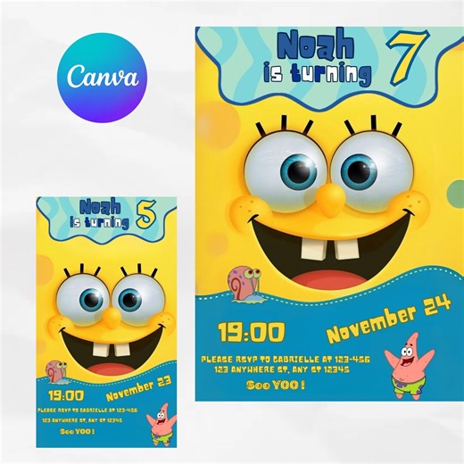 Editable Spongebob Birthday Invitation Template | Party Invitations | Printable Sponge Bob Invite | Digital Kids Invite | Instant Download - Etsy
