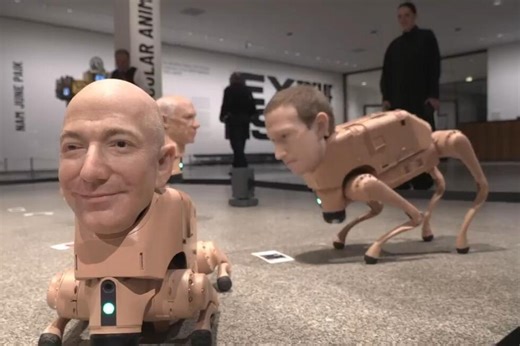 Robot dogs with Musk and Zuckerberg heads roam around Berlin museum in Beeple's new exhibit
