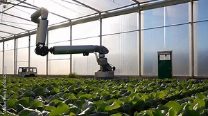 Robotic farming in a greenhouse showcases advanced agriculture. Automated technology nurtures vibrant leafy greens under natural light, optimizing sustainability. Ideal for modern farming enthusiasts