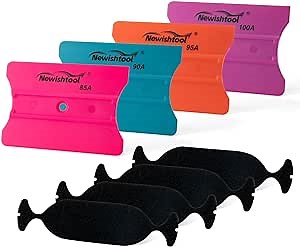 NEWISHTOOL Vinyl Wrap Squeegee with Wing Shaped Blade for Vehicle Wrapping, Sign Marking, Window Film Application, Rounded & Squared Corners in-One 4" Squeegee with Felt, 4-Pack Different Hardness