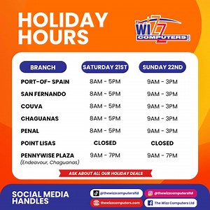  Holiday Hours at Wizz Computers!  We’re here to help you with all your holiday tech needs! ✨  Pennywise Plaza (9:00 AM - 7:00 PM, On Both Days) Saturday, December 21st: 9:00 AM - 7:00 PM Sunday, December 22nd: 9:00 AM - 7:00 PM  Point Lisas (Closed Both Days) Come visit us at Pennywise Plaza for unbeatable tech deals and last-minute gifts!  Don’t miss out – we're open late so you can shop stress-free!  | The Wizz Computers Ltd. | Facebook