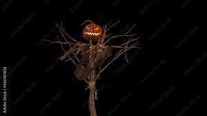 Pumpkin Scarecrow Halloween Lantern - Windy Burning Loop - Alpha Channel - Realistic 4K UHD 3D Animation