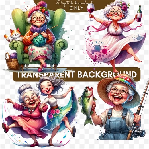 Watercolor Funny Old Lady Clipart, Watercolor Cartoon Grandma, Joyful Woman, Grannies Clip Art, Grandmother Gift, Crazy Old Ladies PNG - Etsy