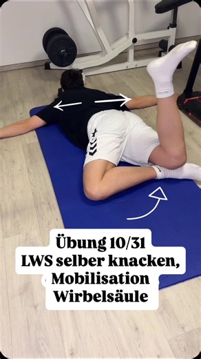 Leon on Instagram: "Tag 10/31: LWS selber knacken und Mobilisation für die Wirbelsäule. Gerade wenn man viel sitzt undman sich wenig bewegt, wird die Wirbelsäule unbeweglich und erzeugt dadurch Schmerzen in verschiedenen Bereichen. Mit dieser Übung kannst du die komplette Wirbelsäule mobilisieren und evtl. einen Crack erzeugen. Wichtig ist, dass du es nicht beim Crack belässt, sondern aktiv weiter mobilisierst. Diese Übung kann Schmerzen lindern, ersetzt aber kein ausgewogenes Training. #physiot