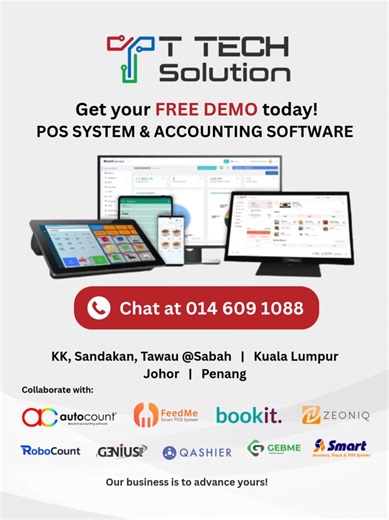 Boss-boss Sandakan, Lahad Datu, dan Tawau‼️ FREE DEMO POS SYSTEM akan datang ke kawasan ANDA❗ Boss tidak dapat datang ke kedai kami❓Jangan risau kami yang akan datang ke tempat boss😉 Apa yang kami tunjuk FREE DEMO : 🧾 POS System - Urus jualan & stok 📊 Accounting Software - Sistem akaun automatik 📑 E-Invoice - Invois digital lengkap 👥 Payroll - Bayaran gaji & KWSP mudah Jangan lepaskan peluang ini untuk lihat sendiri bagaimana sistem kami boleh bantu permudahkan urusan perniagaan boss🔥 Seba