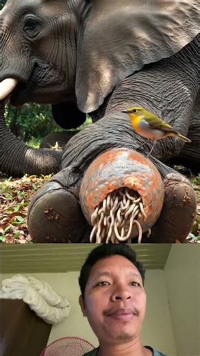 Bird eating worms from the elephant
