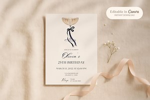 Champagne Coupe Birthday Invitation: Black Bow, Minimalist Party Invite (digital Download, Canva Template) - Etsy