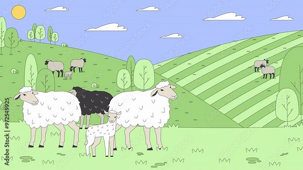 Cute sheep with lamb on green pastureland cartoon animation. Agricultural husbandry 4K video 2D motion graphic. Farm animals grazing on meadow animated characters on landscape background Stock Video