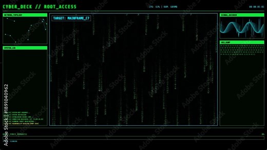 Retro green cyberpunk hacker interface featuring falling matrix code, network nodes, and hex data, culminating in an access granted system notification.