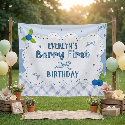 Personalized Berry First Birthday Silk Banner - Custom Name Birthday Girl Backdrop, Blueberry Party Theme Decoration - Etsy