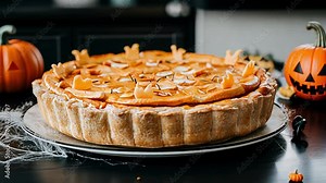 A homemade pumpkin pie takes center stage with intricate decorations, pumpkins in the background, and the warmth of autumn filling the kitchen.