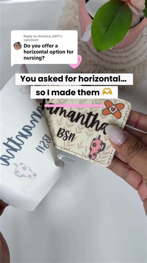 Replying to @christina_0811 Thank you for the suggestion! 🤍 You asked if I make horizontal nurse badge holders… and now I do! These are fully personalized with your name, title, colors and cute elements. Perfect for nurses, CNA and healthcare workers. Comment BADGE and I’ll send you the link ✨ #nursebadgeholder #nurseweek #nurselife #healthcareworker #nursegift