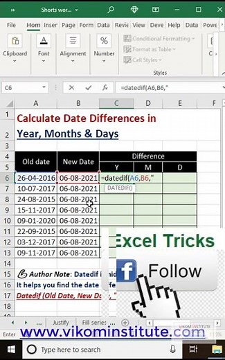 calculate dates difference in years, months and days #differencedays #excel #vikominstitute