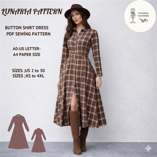Plaid Button Front Shirt Dress Pattern | Long Sleeve Midi Cottagecore Dress | Prairie Dress Sewing Pattern PDF (PDF Digital Download) - Etsy