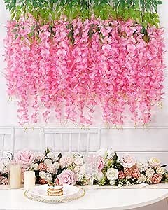 Waipfaru 12 Pack Wisteria Hanging Flowers, 3.6 Feet/Pcs Pink Wisteria Artificial Flowers, Fake Flowers Garland, Hanging Wisteria Vines for Bedroom Wedding Home Party Wall Decoration