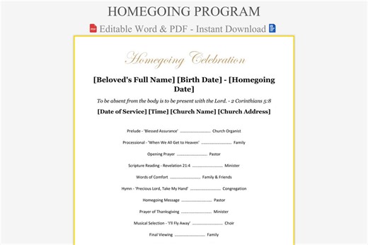 Church Homegoing Program Template - Word & PDF Download - Etsy Australia