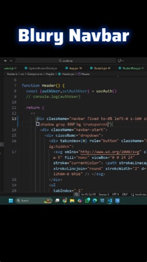 Mr Gen-Z on Instagram: "Create a Stunning Blur Navbar with React & Tailwind CSS! #ReactJS #TailwindCSS #WebDevelopment #Navbar #UIUX #Frontend #Coding #Programming #Glassmorphism #WebDesign #TechShorts #LearnToCode Create a Stunning Blur Navbar with React & Tailwind CSS! In this short, I built a sleek transparent navbar with backdrop blur effect — where background elements smoothly blur behind the navigation bar! ✨ 🎨 Features: ✅Fixed transparent navbar ✅ backdrop-blur-lg for glassmorphism effec