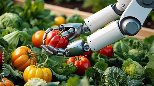 Smart farmer leverages automation and technology for efficient harvesting of vegetables in sustainable garden.