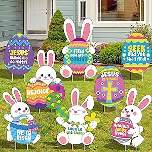 8 Pcs Religious Easter Yard Sign with Stakes Happy Easter Bunny Egg Hunt Sign Outdoor Lawn Decorations for Easter Outdoor Props Party Supplies Garden Yard Decor