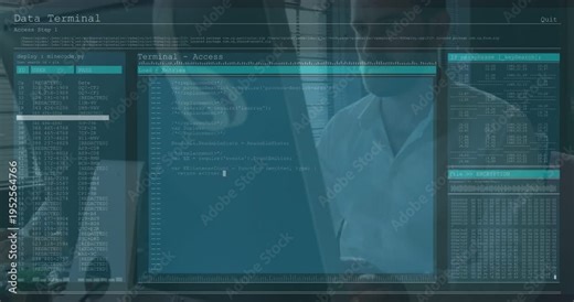 Seated man typing, co-worker observing, Data Terminal populating code and tables for tech analysis