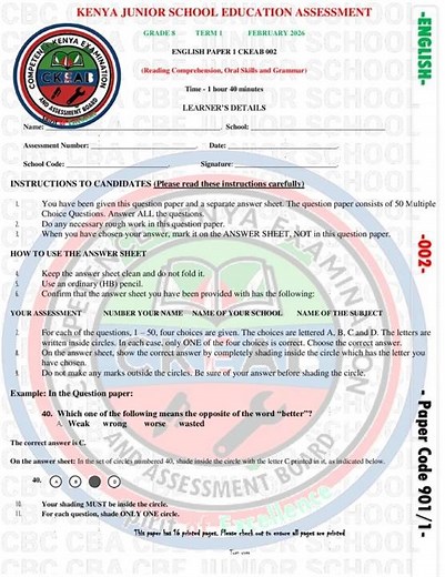 Grade 8 English Paper 1 Mid Term 1 2026 Exam
