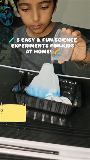 Junnu Krishiv on Instagram: "🧪 5 EASY & FUN SCIENCE EXPERIMENTS FOR KIDS AT HOME! 🌈 No fancy equipment needed — just curiosity and a few household items! Perfect for hands-on learning and rainy day fun ☔🧠 Here are 5 simple experiments to try: 1️⃣ Baking Soda & Vinegar Volcano 🌋 Mix baking soda and vinegar in a cup Watch it fizz and erupt like a mini volcano! 💡 Teaches chemical reactions 2️⃣ Magic Milk 🥛✨ Pour milk in a dish, add food coloring Dip a cotton swab in dish soap and touch the mi