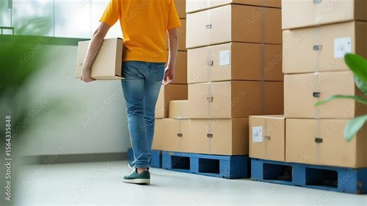 Man carrying a cardboard box in a warehouse with stacked boxes