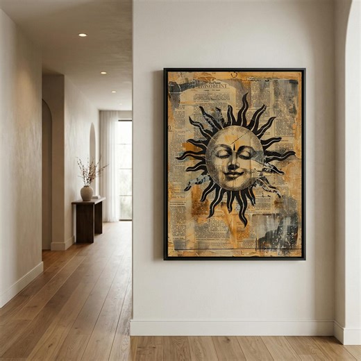 Vintage Sun Face Canvas, Boho Celestial Art, Antique Newspaper Style Art, Mystical Sun Wall Decor, Rustic Aesthetic Canvas, New Home Gift - Etsy