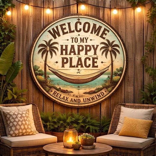 Tropical Welcome to My Happy Place Sign, Beach House Metal Wall Art, Palm Tree Round Garden Decor, Relax Unwind Outdoor Sign - Etsy
