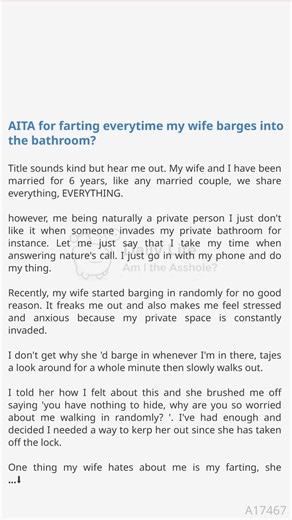 🐅 😋 AITA for farting everytime my wife barges into the bathroom? | Daily Life