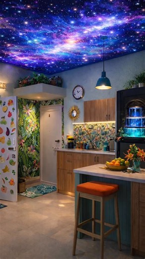 Prompt King on Instagram: "Use the uploaded image as reference. Redesign the same kitchen interior while keeping the room layout, furniture placement, fridge position, cabinets, and floor unchanged. Design a dramatic GALAXY-THEMED CEILING: – Ceiling should look like a deep cosmic galaxy – Realistic star clusters, nebula clouds, milky way textures – Colors: deep blue, purple, magenta, soft pink, hints of cyan – Soft embedded LED star lights, subtle glow – Premium false ceiling finish, ultra-reali