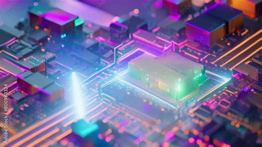 Abstract Building Atop Computer Chip, The Fusion of Architecture and Technology, A cloud of digital data constructed around a building blueprint