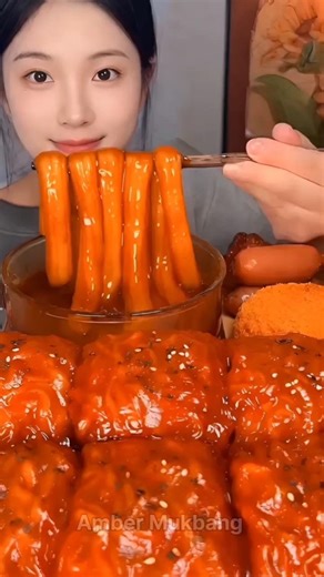 Spicy Rice Cakes & Cheesy Pull ASMR #mukbang #asmr #food #ytshorts #foodie #trending #explore