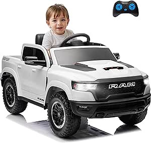 YOFE Ram 1500 Ride on Toys for Kids 4-8, Ride on Pickup Truck for Toddlers with Remote Control,12V Battery Powered Car with Trunk, Bluetooth, Music, Safety Belt (White)
