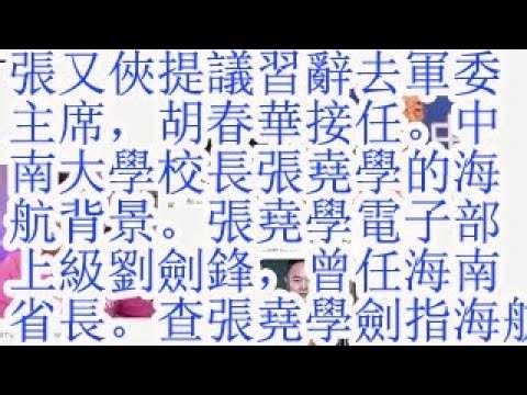 张又侠提议习辞去军委主席，胡春华接任。中南大学校长张尧学的海航背景。张尧学在电子部的上级刘剑锋，曾任海南省长。四中全会精准查处张尧学，剑指海航真正的老板。