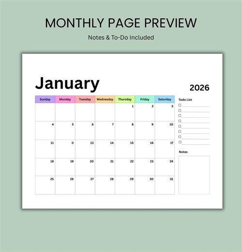 2026 Printable Calendar | Landscape Planner With Todolist & Notes | A4, US Letter | Sunday, Monday Start (PDF Download) | Print at Home - Etsy UK