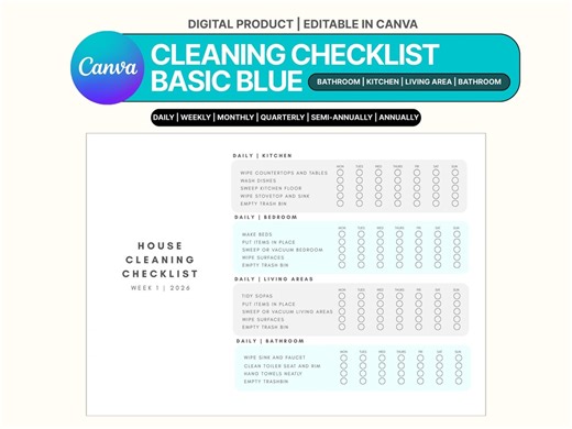 Cleaning Schedule Cleaning Checklist Planner Weekly House Cleaning Schedule Household Chore Chart Daily Monthly List Editable Printable Blue - Etsy