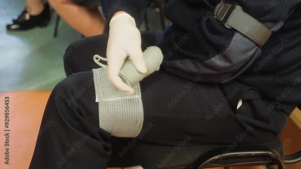 Person is demonstrating a first aid procedure by applying a bandage to leg. The scene is part of a first aid training session, where participants learn how to properly care for injuries.