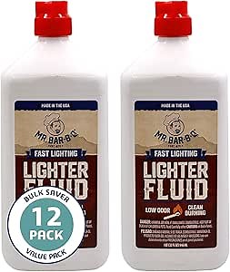 12 x 1 Quart Lighter Fuel Bottle, Clean Burning Fast Lighting Lighters, Charcoal Lighter Fluid, Low Odor Perfect Fire Starter for Outdoor Charcoal, Wood Fire, Bonfire, Camping, Grilling by Mr. Bar-B-Q