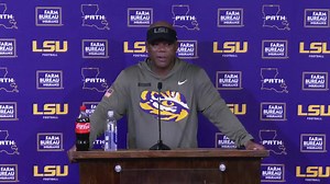 LSU interim head coach Frank Wilson meets with the media after defeating Arkansas, 23-22, in Tiger Staidum on Nov. 15, 2025. | LSU Football