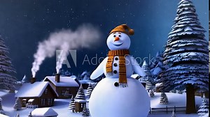 Animation of a snow globe featuring a snowman, winter landscape, trees, houses, and falling snow.